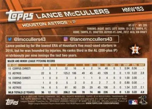 2017 Topps Holiday #HMW153 Lance McCullers NM-MT Astros ID:6431 - Baseball Card Single