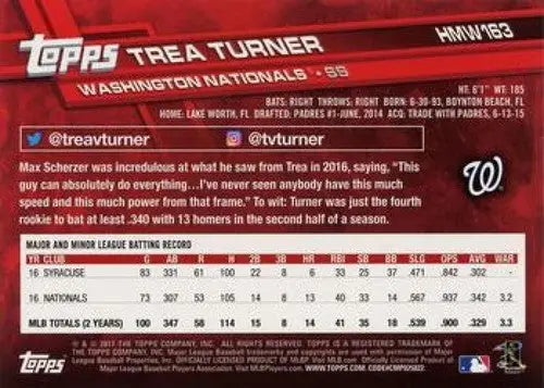2017 Topps Holiday #HMW163 Trea Turner NM-MT Nationals - Baseball Card Single