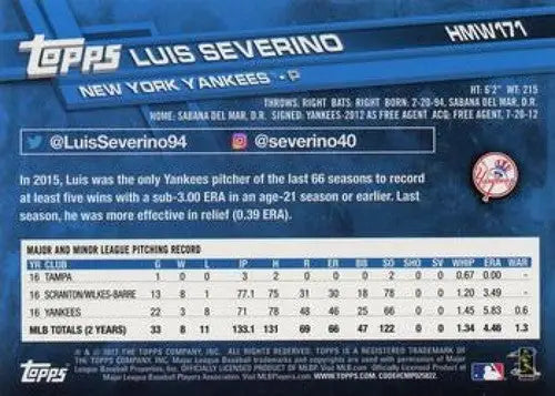 2017 Topps Holiday HMW171 Luis Severino Yankees baseball card NM-MT