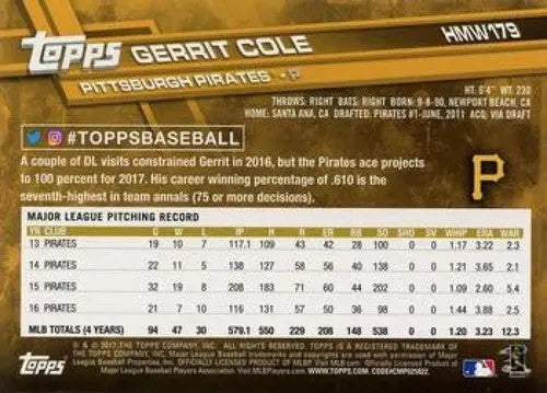 2017 Topps Holiday HMW179 Gerrit Cole Pirates baseball card NM-MT for collection