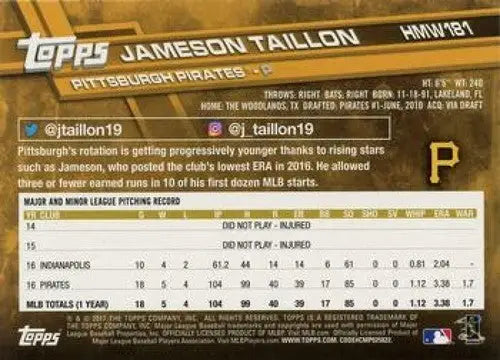 2017 Topps Holiday #HMW181 Jameson Taillon NM-MT Pirates - Baseball Card Single