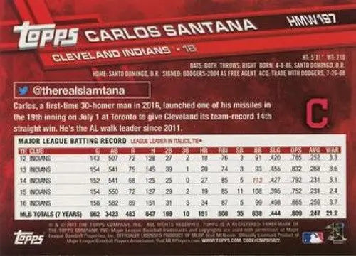 2017 Topps Holiday #HMW197 Carlos Santana NM-MT Indians - Baseball Card Single