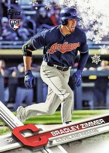 Original gloss of 2017 Topps Holiday HMW21 Bradley Zimmer rookie baseball card showing a player in action