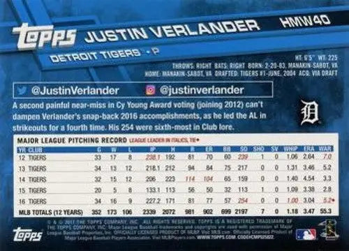 2017 Topps Holiday #HMW40 Justin Verlander NM-MT Tigers - Baseball Card Single