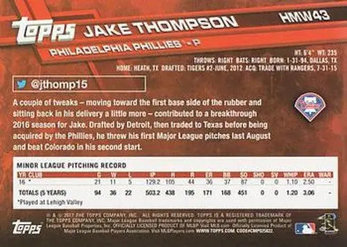 Original gloss of 2017 Topps Holiday HMW43 Jake Thompson baseball card back