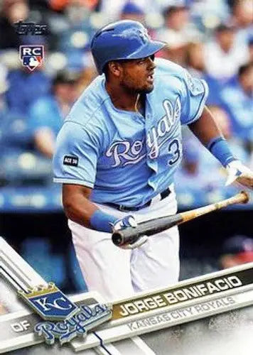 Original gloss image of a baseball player swinging bat from Topps Holiday 2017 HMW49 Jorge Bonifacio NM-MT RC Royals ID 6029