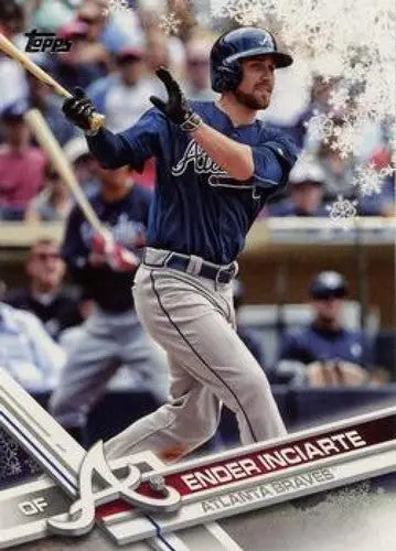 Baseball player swinging bat on 2017 Topps Holiday HMW54 Ender Inciarte card