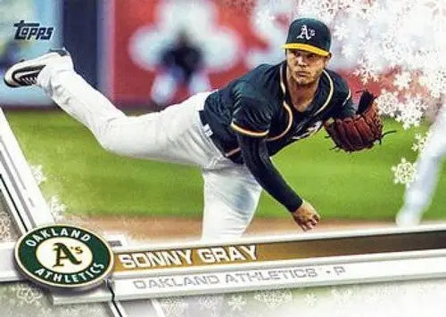 Original gloss 2017 Topps Holiday HMW59 Sonny Gray baseball card Athletics