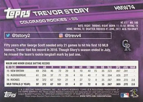 Original gloss 2017 Topps Holiday HMW74 Trevor Story Rockies baseball card