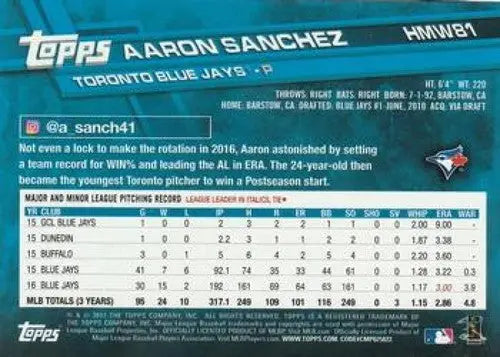 2017 Topps Holiday Aaron Sanchez Blue Jays baseball card NM-MT ID 6385