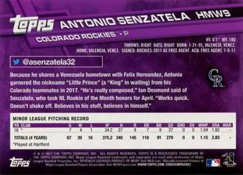 2017 Topps Holiday #HMW9 Antonio Senzatela NM-MT RC Rookie Rockies ID:6003 - Baseball Card Single