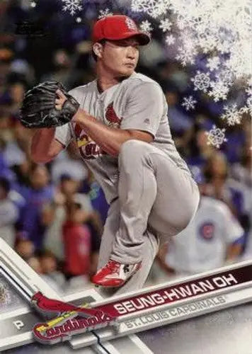 Baseball player pitching on 2017 Topps Holiday original gloss card featuring Seung-Hwan Oh