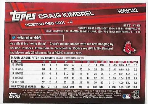 2017 Topps Holiday Metallic Snowflake Craig Kimbrel baseball card in NM-MT condition