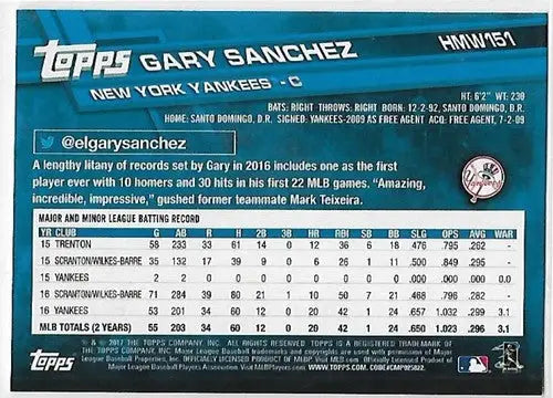 Original gloss 2017 Topps Holiday Metallic Snowflake Gary Sanchez baseball card NM-MT