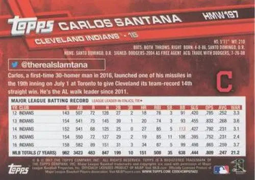 2017 Topps Holiday Metallic Snowflake #HMW197 Carlos Santana NM-MT Indians - Baseball Card Single