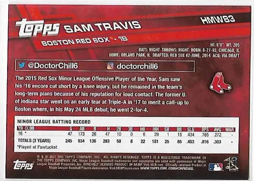 Sam Travis baseball card back from 2017 Topps Holiday Metallic Snowflake series