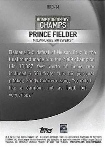 Original gloss Prince Fielder baseball card from Topps Home Run Derby Champs series