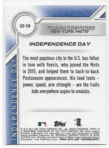 Yoenis Cespedes baseball card back from 2017 Topps Independence Day with original gloss