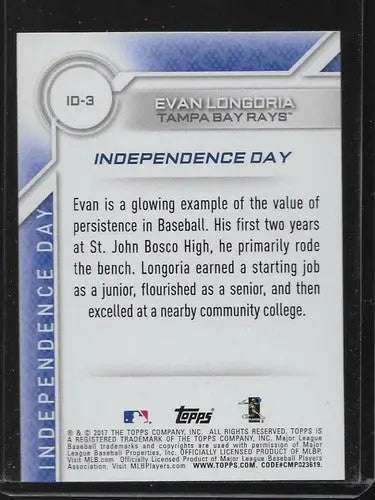 Baseball card back featuring Evan Longoria from 2017 Topps Independence Day with original gloss