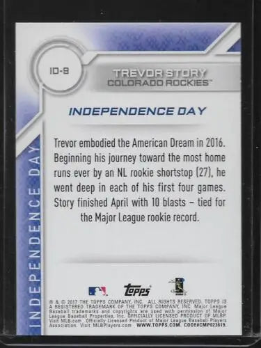 Trevor Story baseball card back with original gloss from 2017 Topps Independence Day