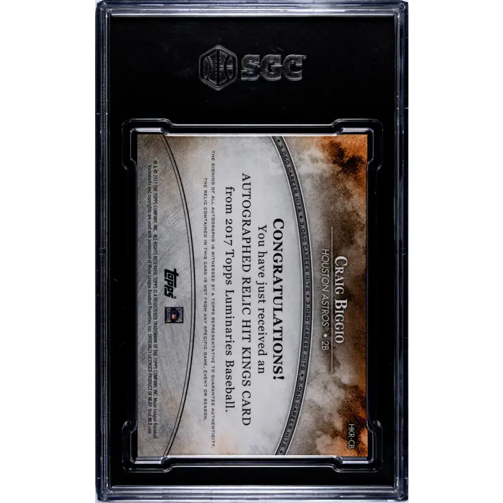 2017 Topps Luminaries Hit Kings Relics Red #HKR-CB Craig Biggio SGC 9 MINT MEM Auto 4/10 Houston Astros Baseball Card