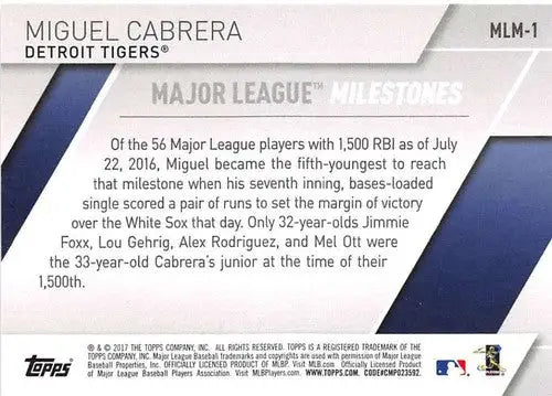 Miguel Cabrera baseball card back with original gloss from 2017 Topps Major League Milestones