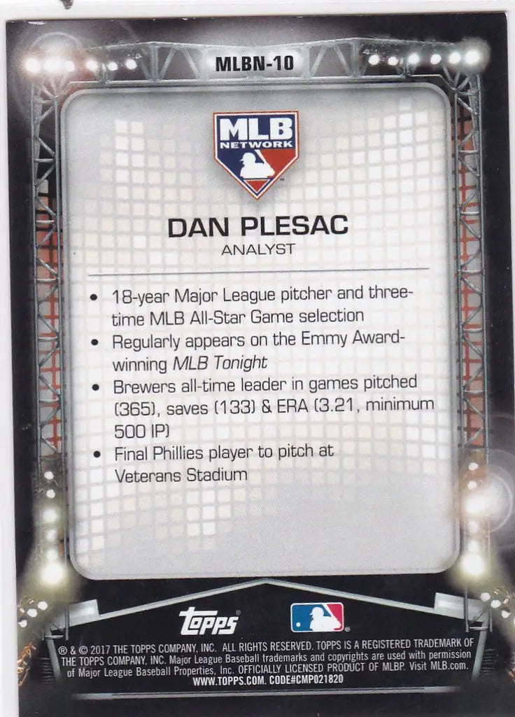 Baseball card of Dan Plesac featuring stats from Topps MLB Network collection