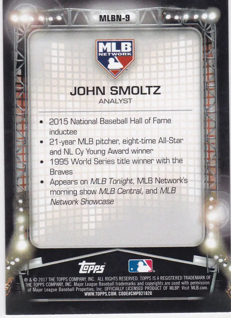Baseball card of John Smoltz Analyst with career highlights from Topps MLB Network