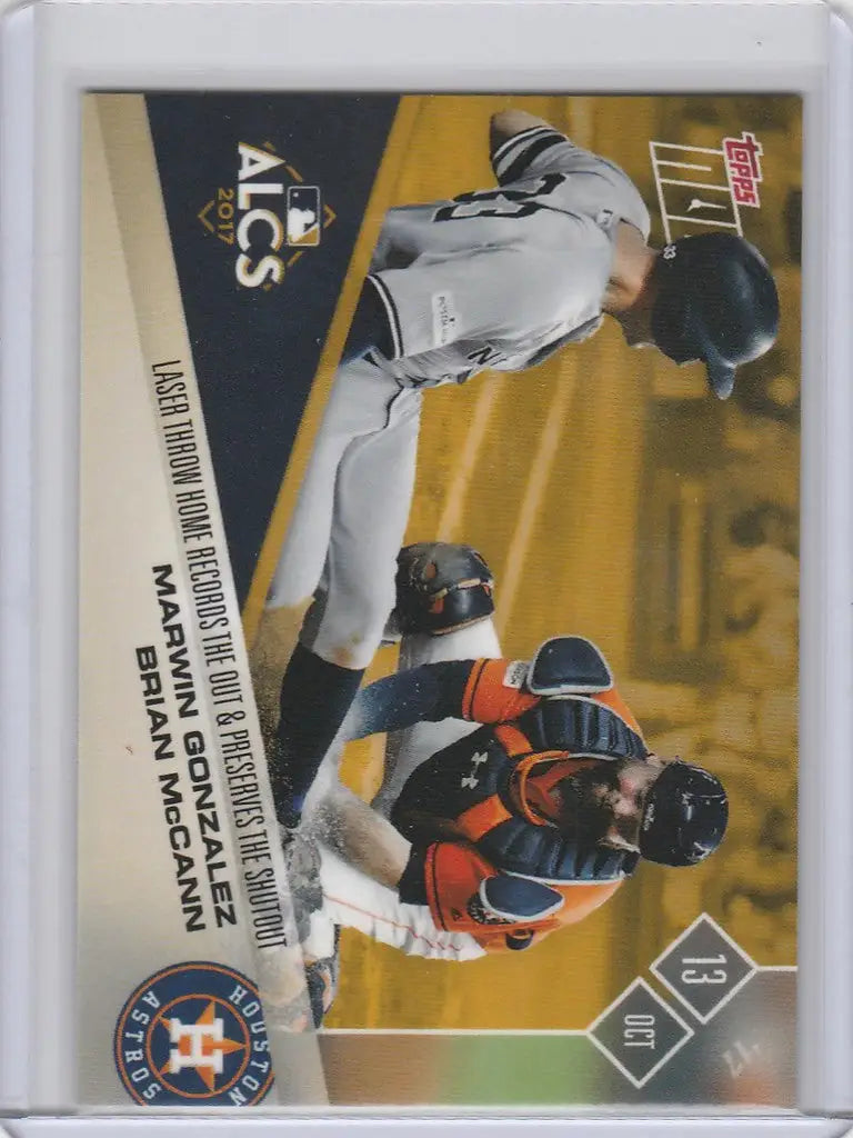 Baseball trading card of Astros Gonzalez McCann in the ALCSB Laser Throw action