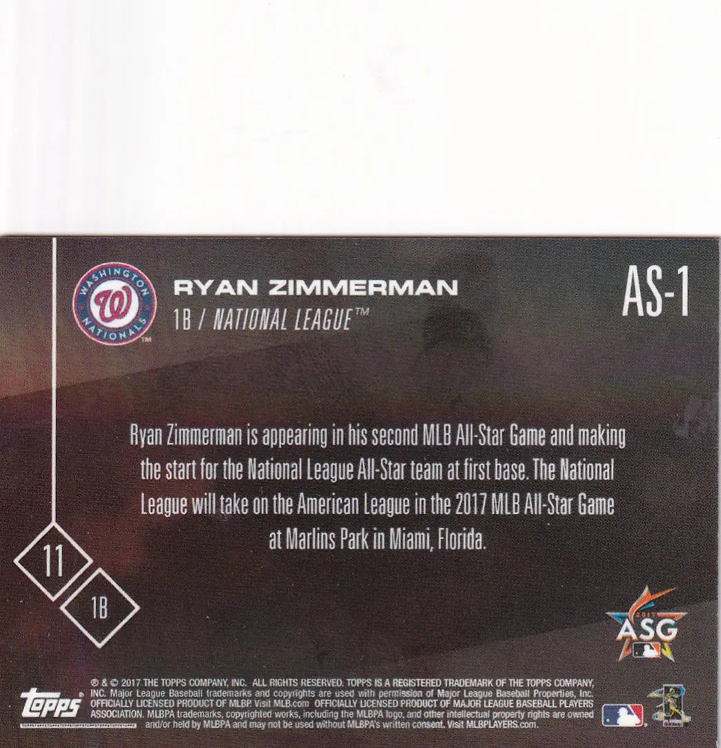 2017 TOPPS NOW ALL STAR #AS-1 RYAN ZIMMERMAN- WASHINGTON NATIONALS - Baseball Card Single