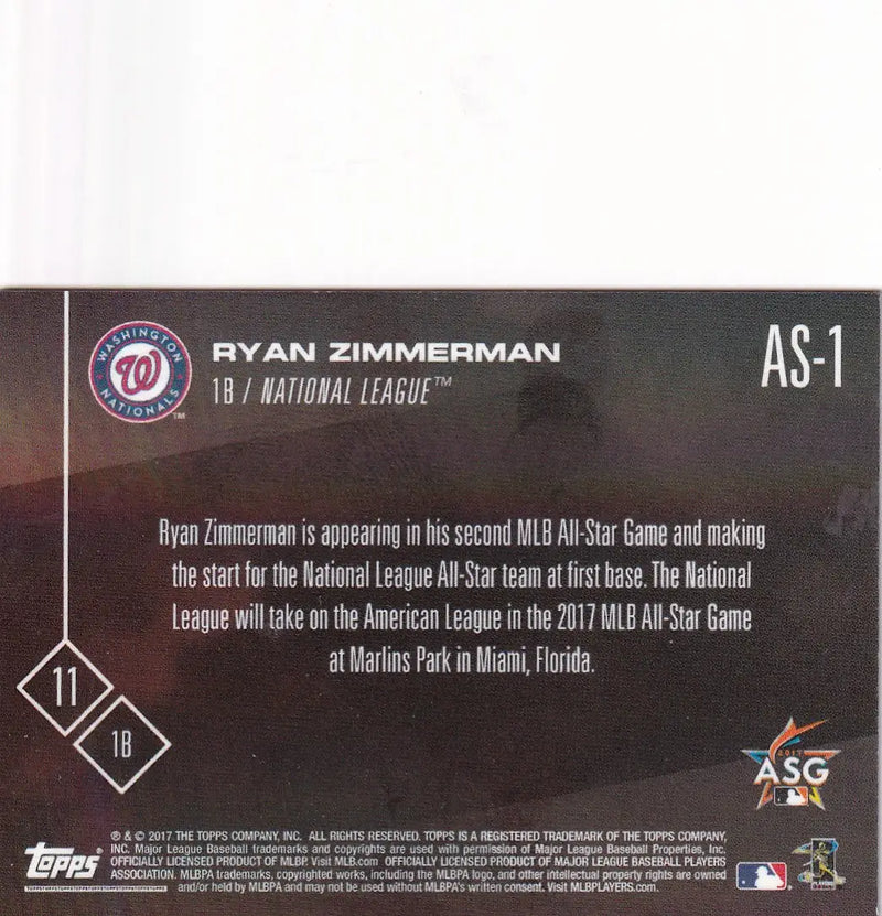 2017 TOPPS NOW ALL STAR #AS-1 RYAN ZIMMERMAN- WASHINGTON NATIONALS - Baseball Card Single