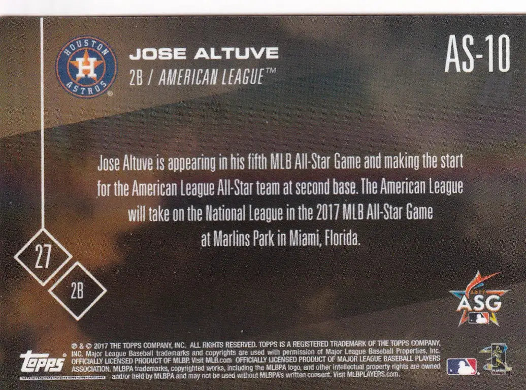 2017 TOPPS NOW ALL STAR #AS-10 JOSE ALTUVE- HOUSTON ASTROS - Baseball Card Single