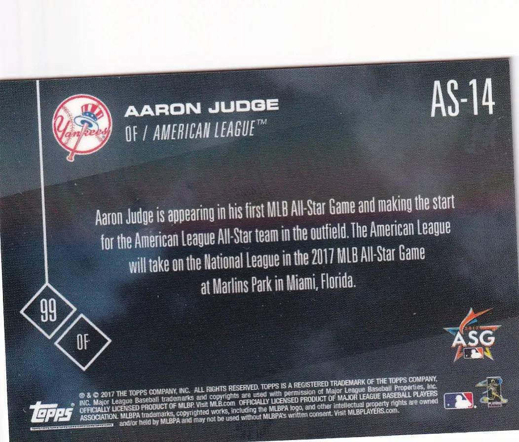 2017 TOPPS NOW ALL STAR #AS-14 AARON JUDGE- NEW YORK YANKEES