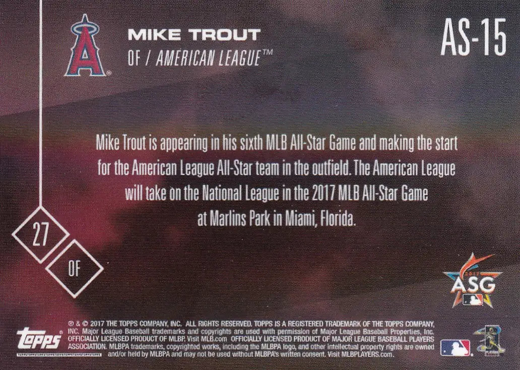 2017 TOPPS NOW ALL STAR #AS-15 MIKE TROUT- ANGELS - Baseball Card Single