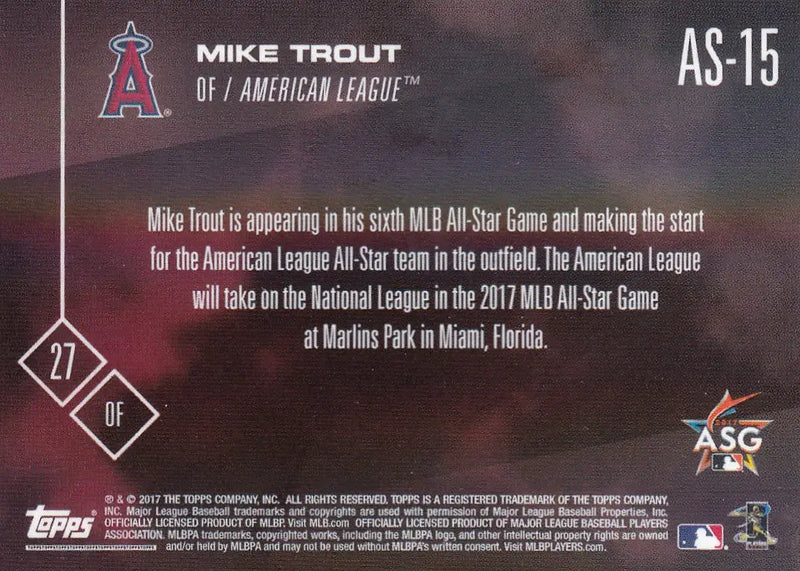 2017 TOPPS NOW ALL STAR #AS-15 MIKE TROUT- ANGELS - Baseball Card Single