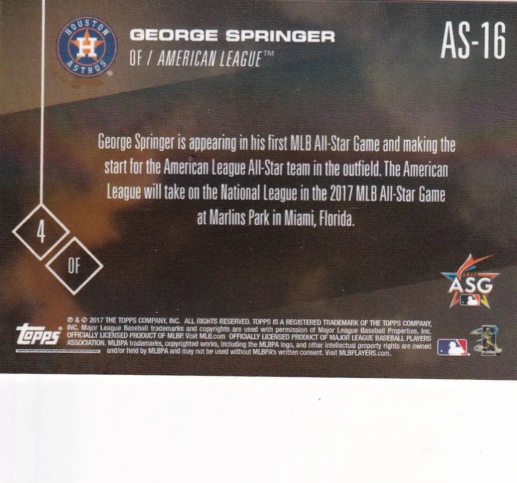 2017 TOPPS NOW ALL STAR #AS-16 GEORGE SPRINGER- HOUSTON ASTROS - Baseball Card Single