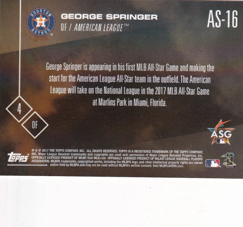 2017 TOPPS NOW ALL STAR #AS-16 GEORGE SPRINGER- HOUSTON ASTROS - Baseball Card Single