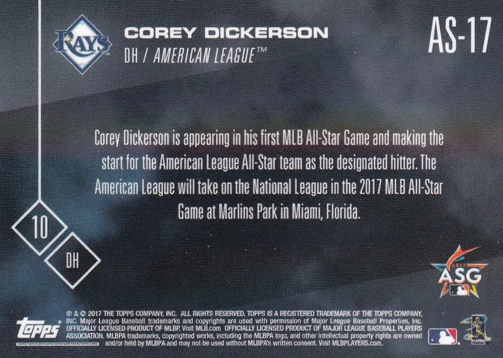 2017 TOPPS NOW ALL STAR #AS-17 COREY DICKERSON- TAMPA BAY RAYS - Baseball Card Single