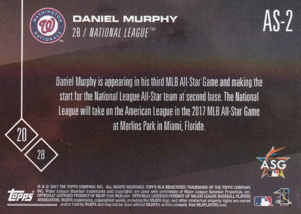 2017 TOPPS NOW ALL STAR #AS-2 DANIEL MURPHY- WASHINGTON NATIONALS - Baseball Card Single