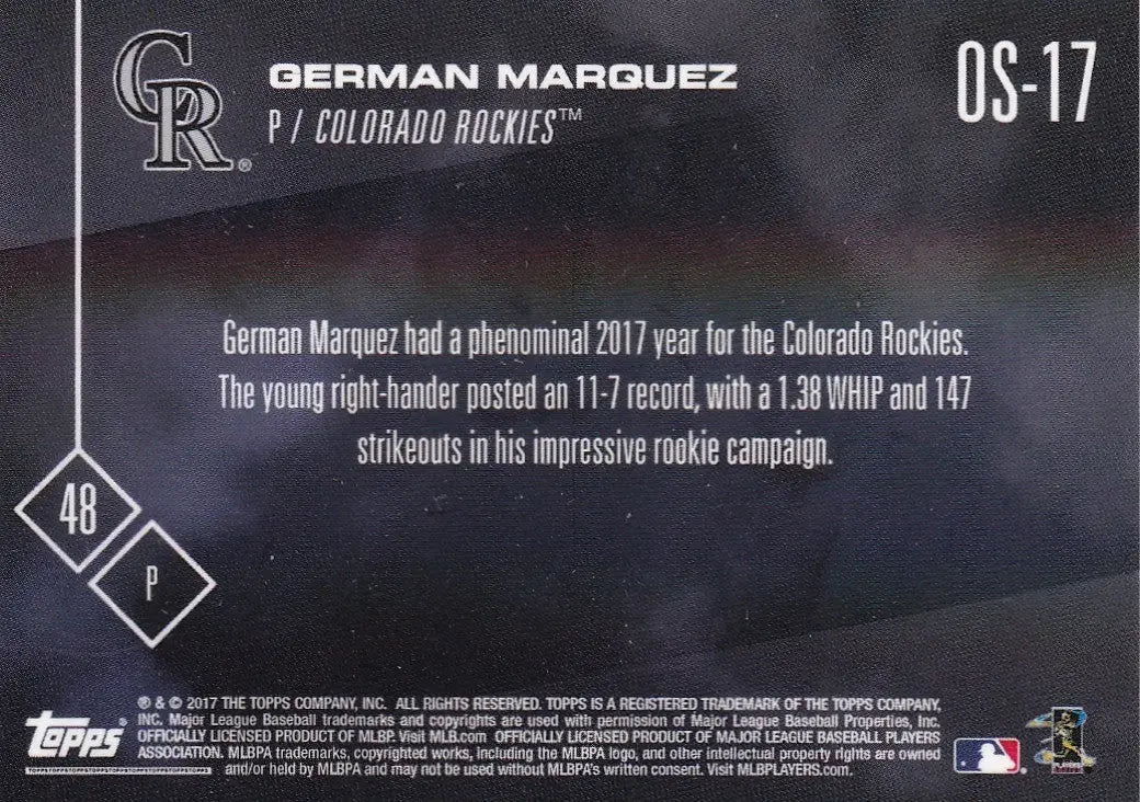 2017 TOPPS NOW OFFSEASON #OS-17 GERMAN MARQUEZ- COLORADO ROCKIES - Baseball Card Single