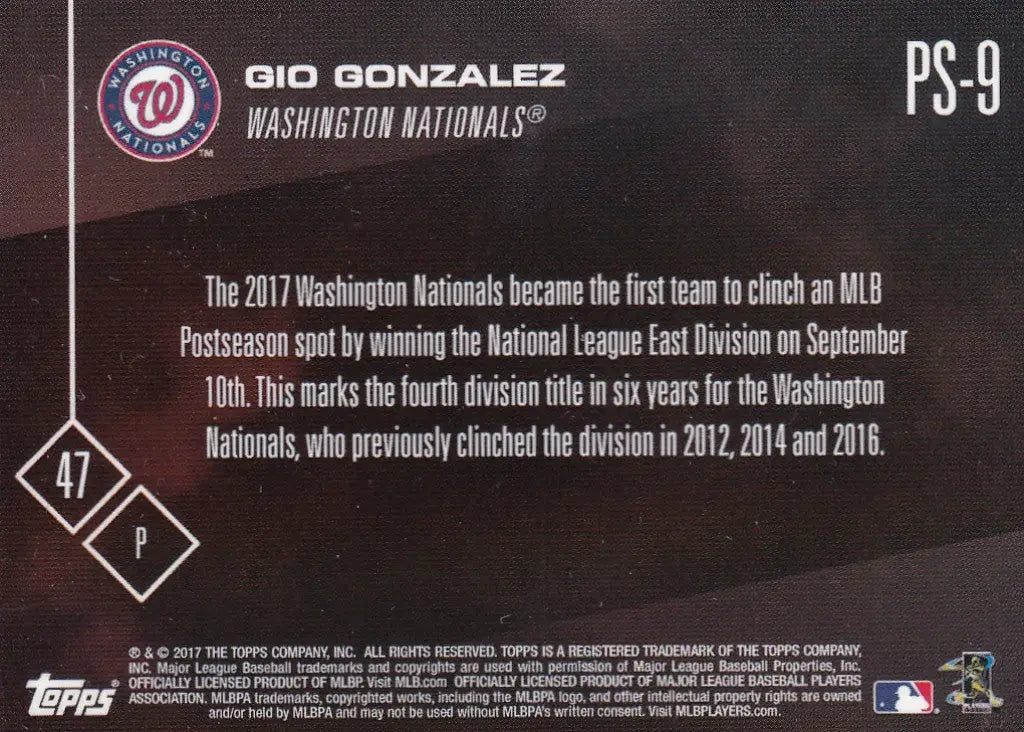 2017 TOPPS NOW POST SEASON GIO GONZALEZ #PS-9 WASHINGTION NATIONALS - Baseball Card Single