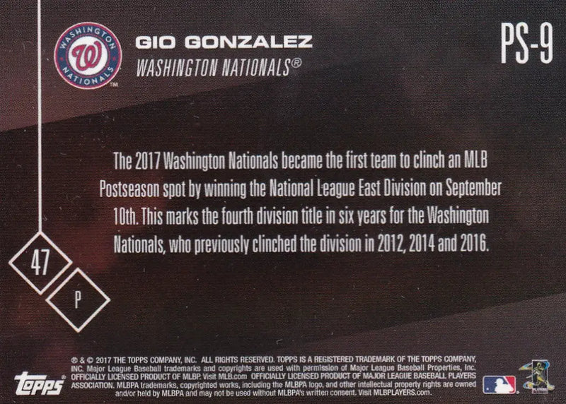2017 TOPPS NOW POST SEASON GIO GONZALEZ #PS-9 WASHINGTION NATIONALS - Baseball Card Single