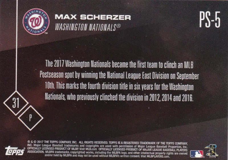 2017 TOPPS NOW POST SEASON MAX SCHERZER #PS-5 WASHINGTON NATIONALS - Baseball Card Single