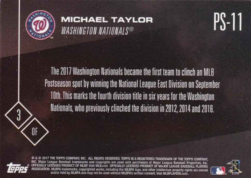 2017 TOPPS NOW POST SEASON #PS-11 MICHAEL TAYLOR- WASHINGTON NATIONALS - Baseball Card Single