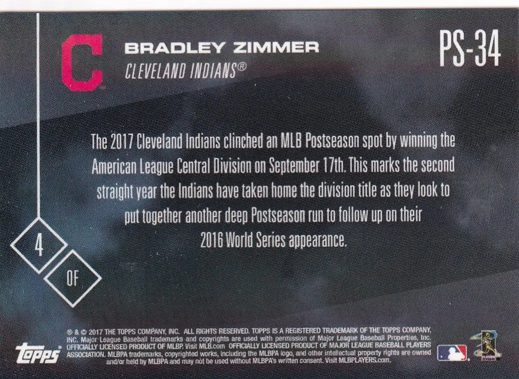 2017 TOPPS NOW POST SEASON #PS-34 BRADELY ZIMMER- CLEVELAND INDIANS - Baseball Card Single