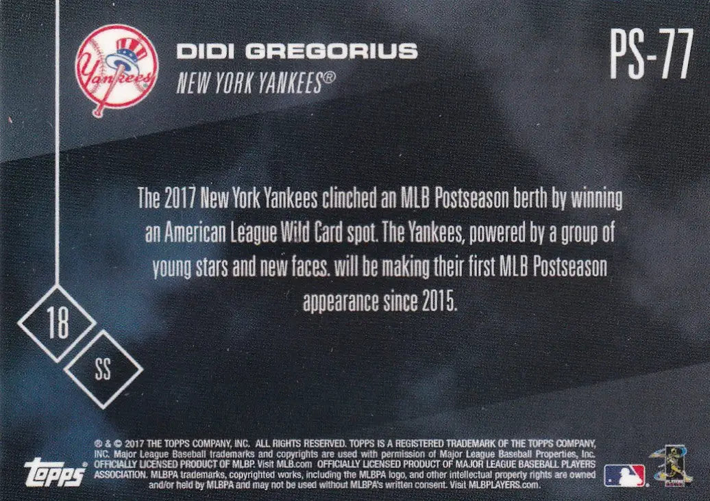 2017 TOPPS NOW POST SEASON #PS-77 DIDI GREGORIUS- NEW YORK YANKEES - Baseball Card Single