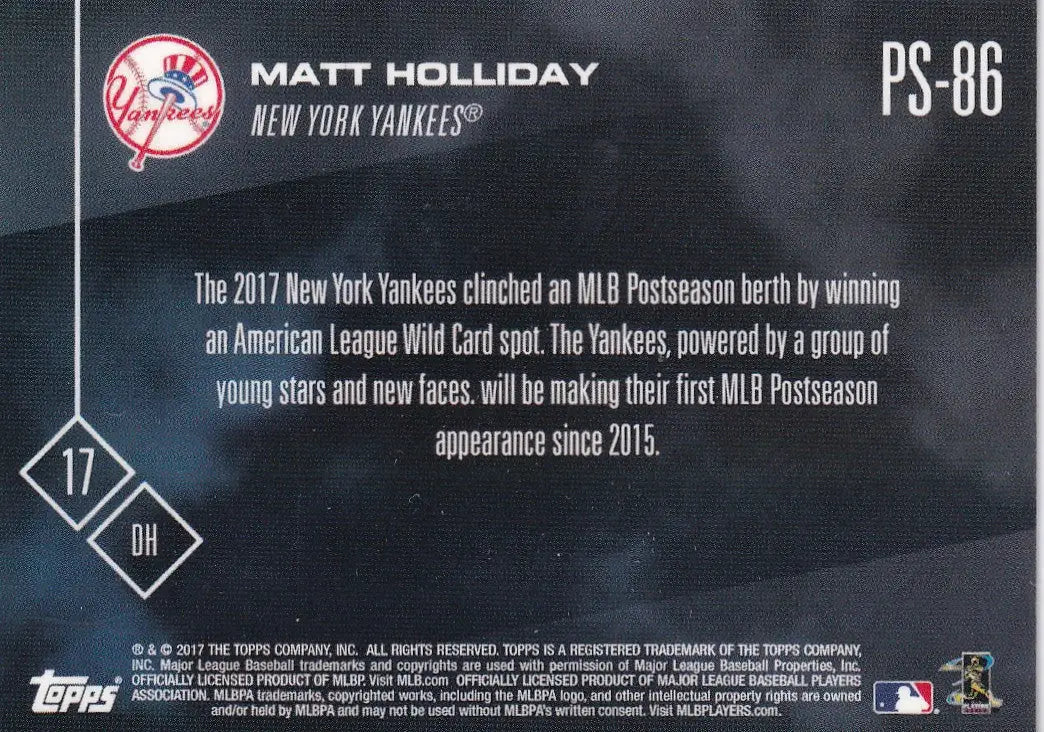 2017 TOPPS NOW POST SEASON #PS-86 MATT HOLLIDAY- NEW YORK YANKEES - Baseball Card Single