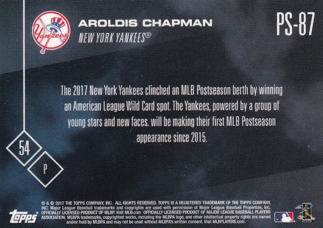 2017 TOPPS NOW POST SEASON #PS-87 AROLDIS CHAPMAN- NEW YORK YANKEES - Baseball Card Single