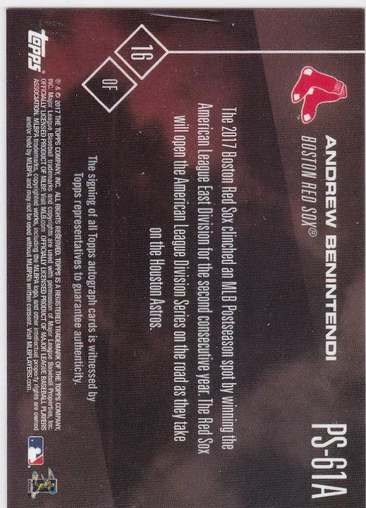 Baseball trading card featuring Boston Red Sox logo and Andrew Benintendi Auto # /99