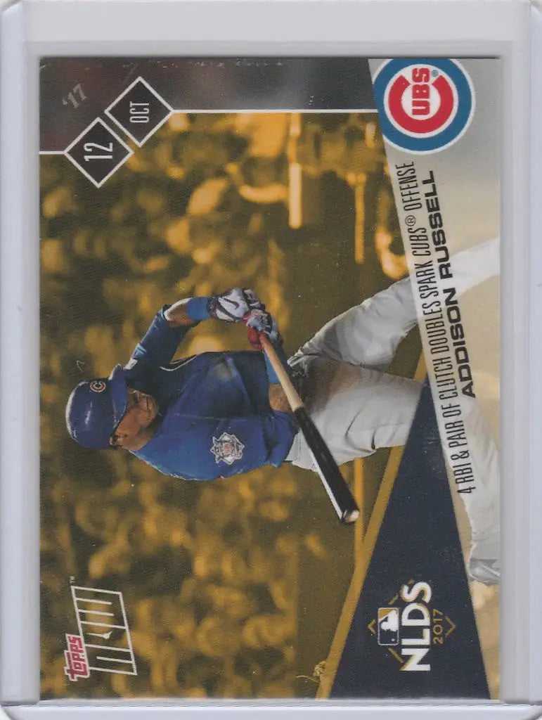 Baseball trading card of Cubs Addison Russell sliding into base, featuring clutch doubles spark